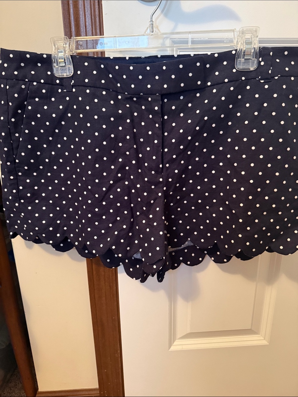 J. Crew Navy and White Polka Dot Scalloped Hem Skort